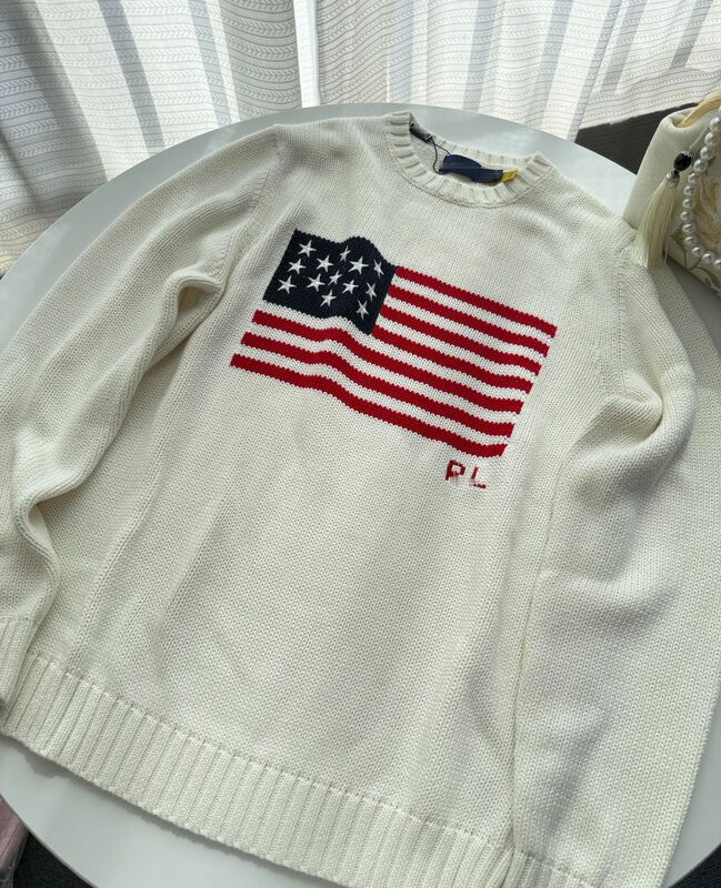 RL/スキャン可能 2025 秋冬新作ピュアコットンヘビーウェイト刺繍アメリカ国旗ラウンドネックニットセーター男性と女性用|undefined