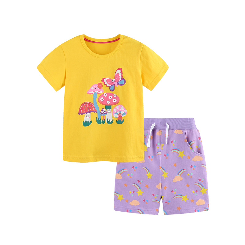 Verano nuevo traje para niños estilo europeo y americano moda niña traje de manga corta de algodón de punto traje de pantalones para niños cabello de una pieza