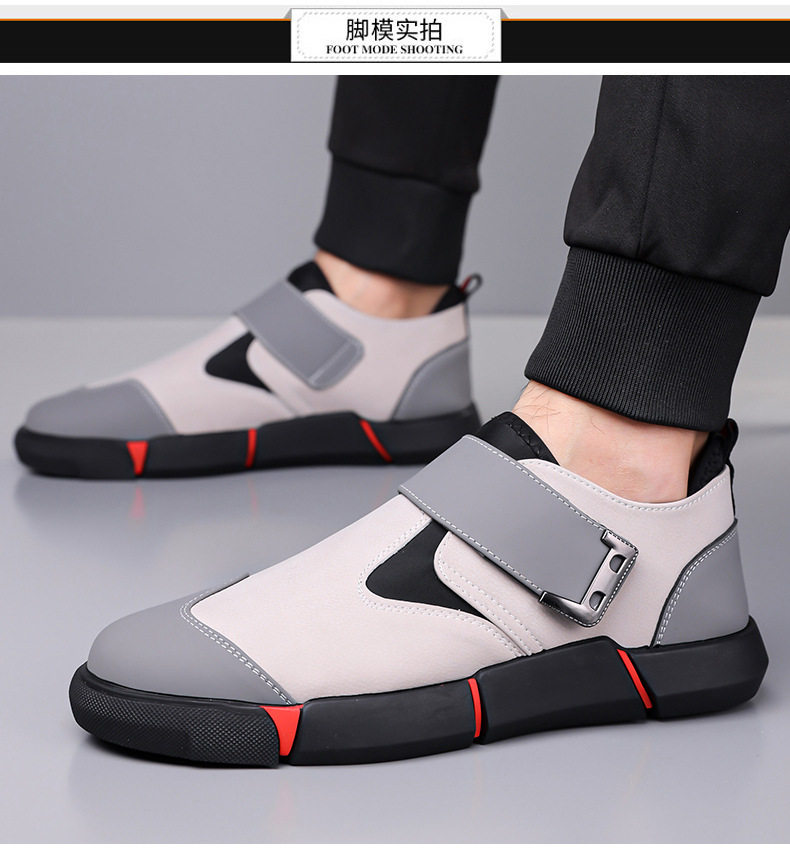 Giày lười nam da PU mũi tròn khóa Velcro chống trượt, đế cao 3 cm — Kaki, Màu đen chi tiết 14