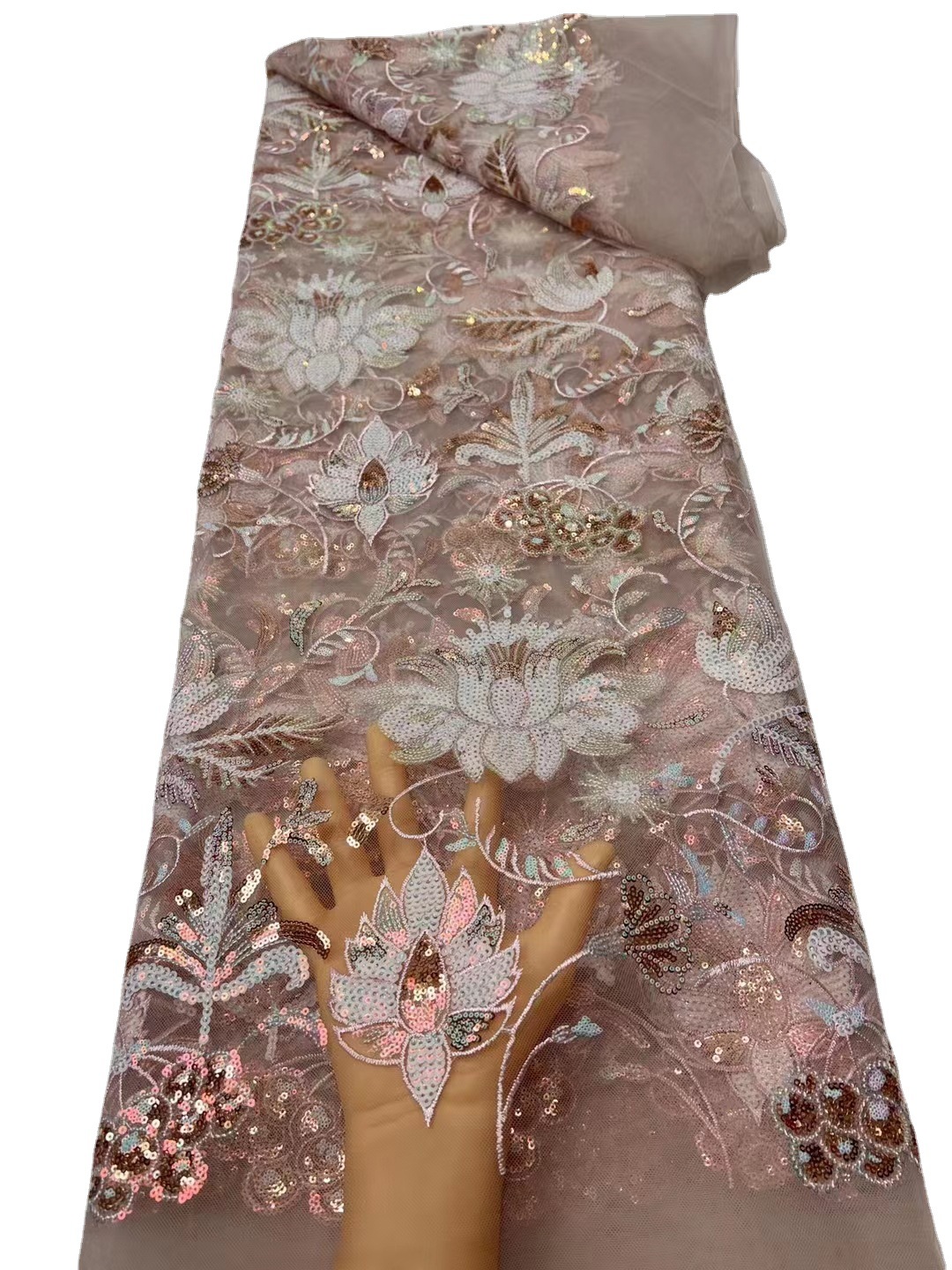 Teñido de punto flor grande suave malla fina encaje europeo y americano fishtail vestido noche lentejuelas tela JX2446