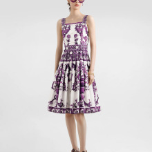 欧美时尚大牌青花瓷印花短袖系带衬衫连衣裙收腰度假风连衣裙