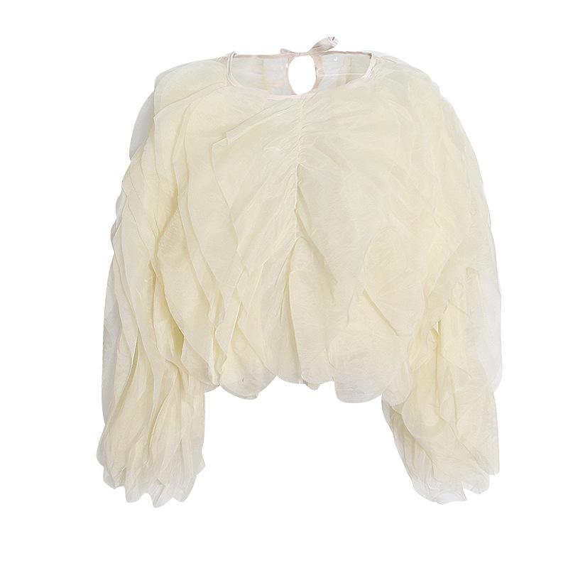 K Elegant Temperament Short Solid Color Top New High-end Round Neck Multi-layer Ruffle Edge Splicing Shirt_voghion.com