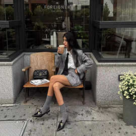 2025跨境新款灰色格纹千格鸟短西装职业装短裙套裙修身显瘦小香风