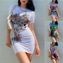 eBay外贸2023新款 时尚定位印花圆领弹力修身包臀连衣裙