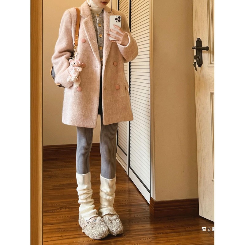 粉色呢子大衣女2025新款秋冬季高级感毛呢外套韩系小个子短款西装