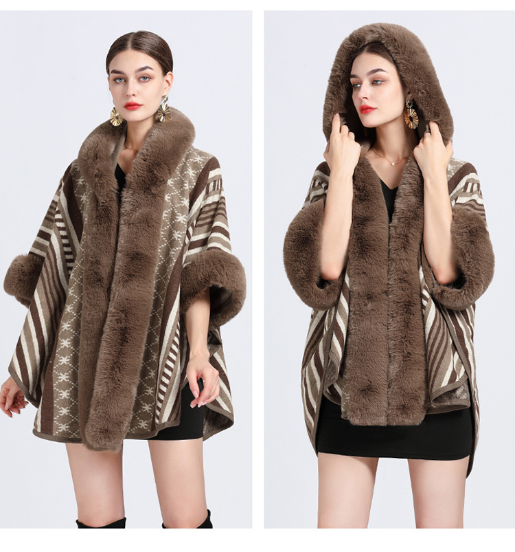 Mantella collo pelliccia grande taglia jacquard cardigan maglione cappotto donna_voghion.com