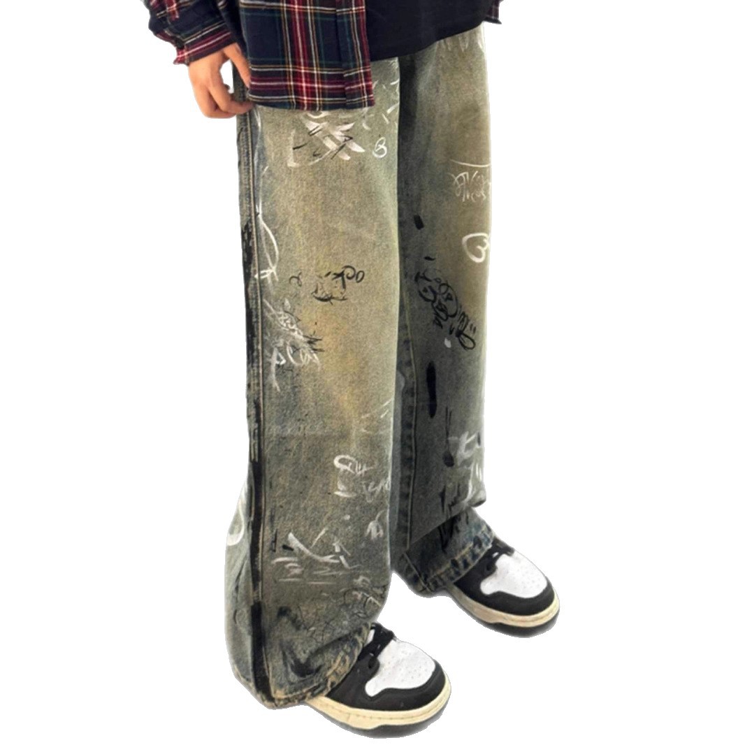 Jeans da uomo vintage graffiti larghi e dritti, stile old school, lavaggio fangoso, con patta e bottoni, in misto cotone non elasticizzato, dalla taglia S alla XXXL_voghion.com