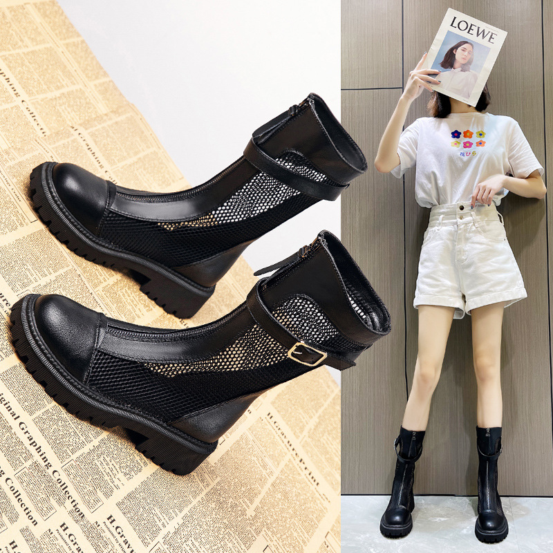 두꺼운 밑창의 메쉬 마틴 부츠 여성용 2026 여름 신상 통기성 좋은 얇은 부츠 슬림핏 메쉬 부츠 여성용 중간 길이 가죽 부츠
