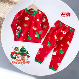 新款2024德绒儿童圣诞节日表演服套装女童男童秋衣满印两件套潮流