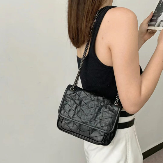 Top Layer Poplar Messenger Bag Tramp Bag Genuine Leather Oil Wax Cowhide Women's Chain Niki Underarm Shoulder Crossbody Bag