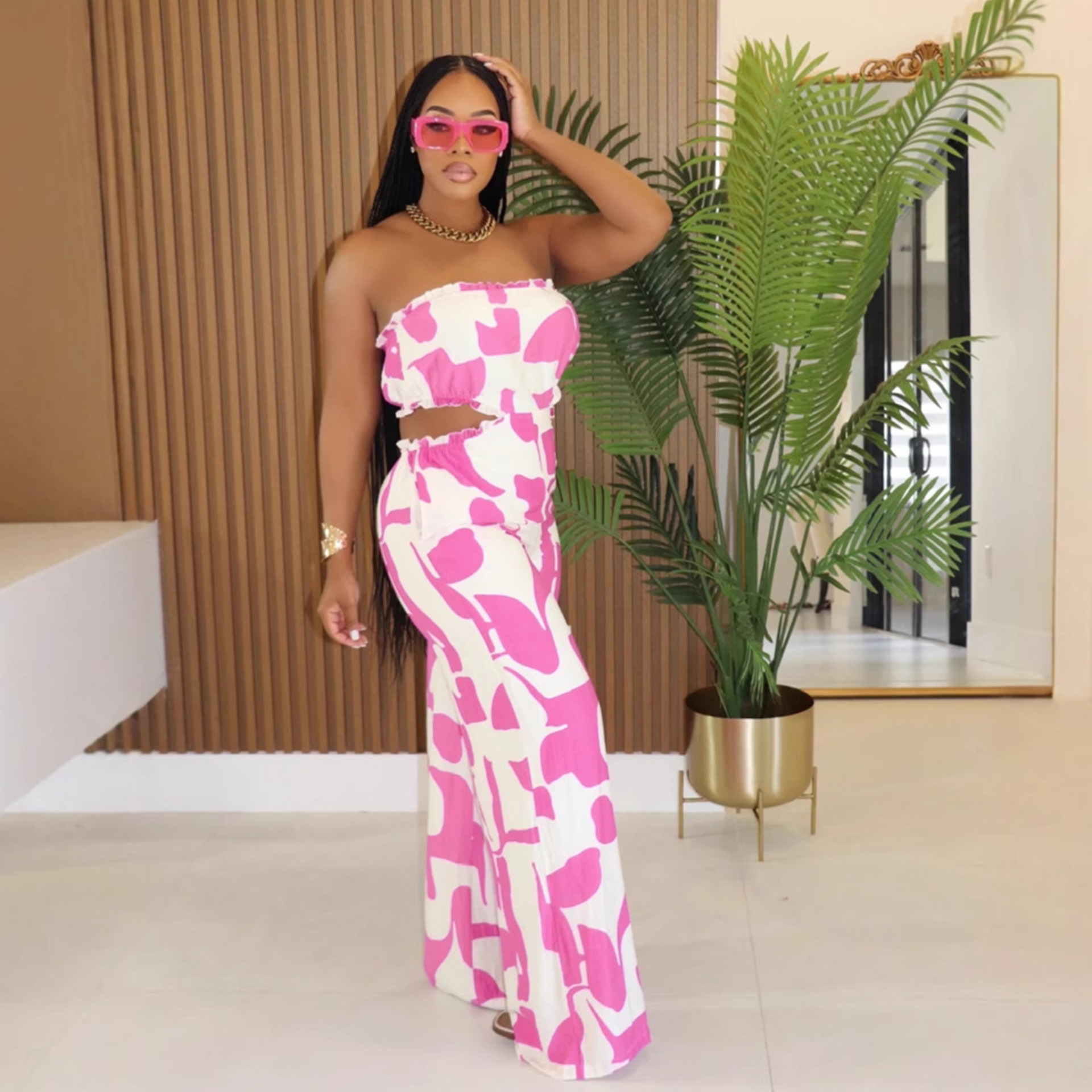 Elegant Strapless Printed Jumpsuit For Women Wide Leg Bottoms Casual Summer Polyester Thin Comfortable_ecoleips.com