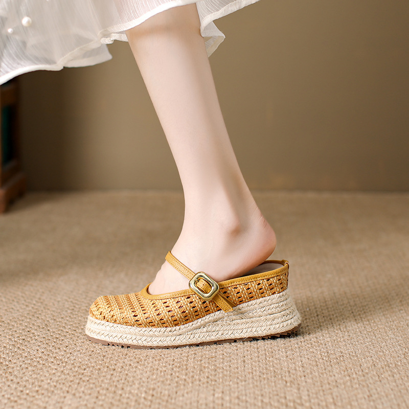 2025 Woven Handmade Shoes ~ Cut Out Sandals for Women to Wear Outside with One-Piece Mary Jane Inner Heightening 8cm Toe-Cap Half Slippers