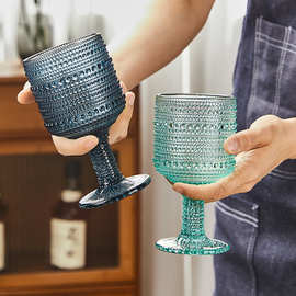 美索米亚复古浮雕高脚玻璃杯彩色珠点水杯家用果汁杯饮料杯小酒杯
