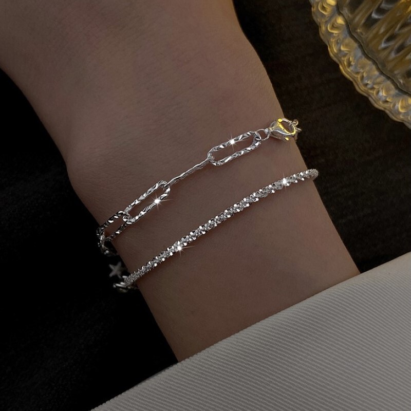 S925 sterling silver sparkling bracelet female Flash Internet celebrity light luxury geometric mouth word chain cold wind stacked bracelet