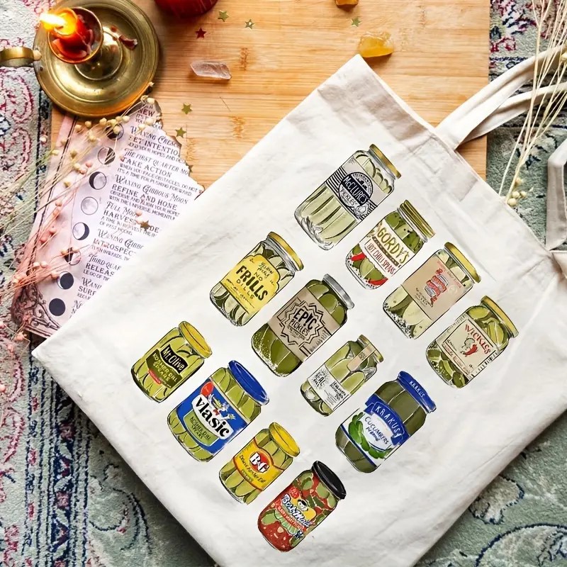 Botellas enlatadas de pepino transfronterizas impresas, bolsos de lona de gran capacidad, bolsos de hombro perfectos para compras