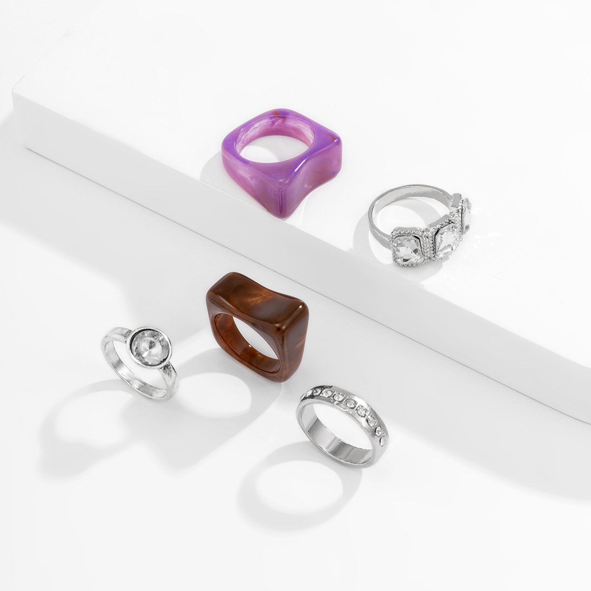 欧美跨境饰品 法式复古水钻套装指环 嘻哈不规则几何型亚克力戒指