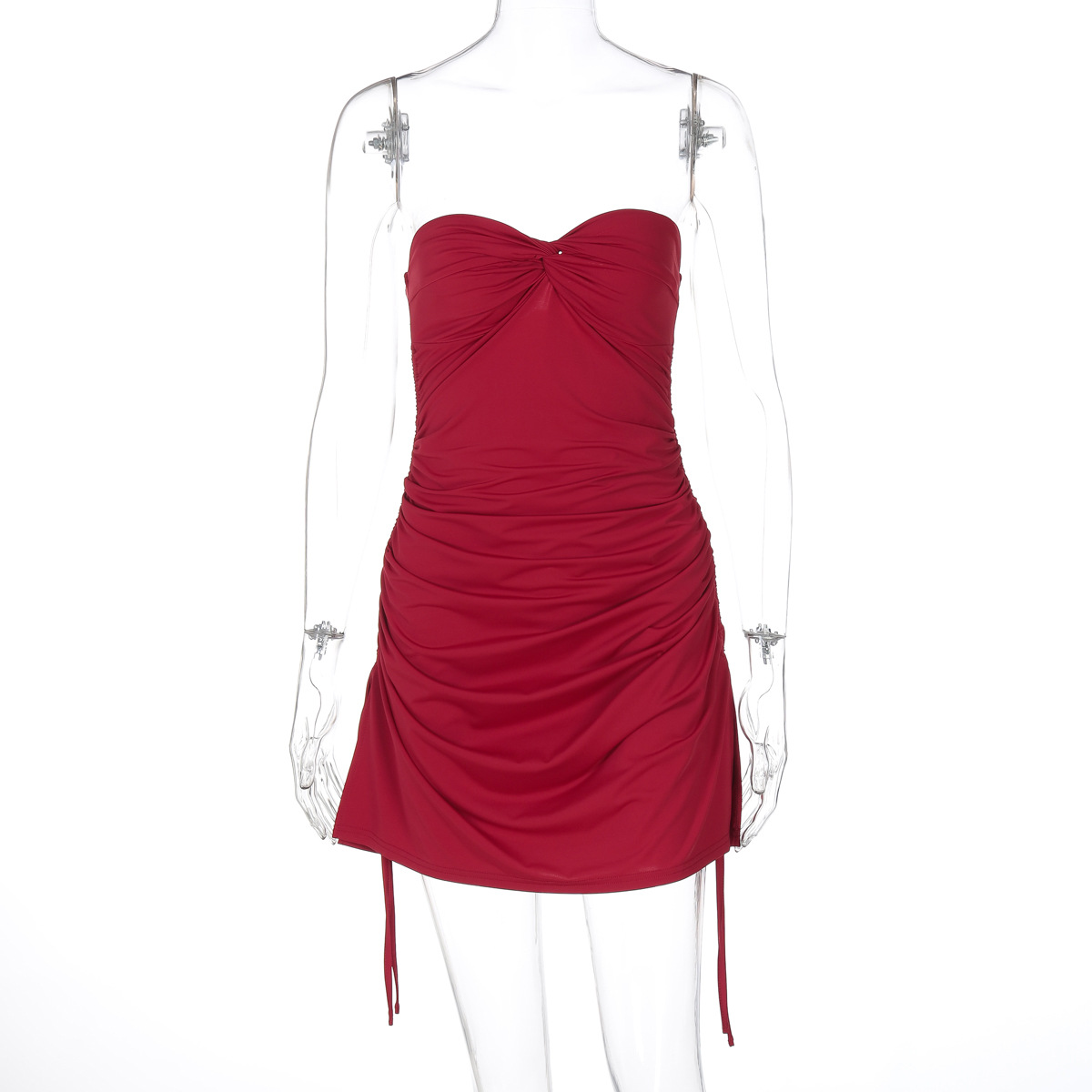 Women Spring Clothing Solid Color Sexy Twist Wrapped Chest Pleated Ultra Short Drawstring Dress