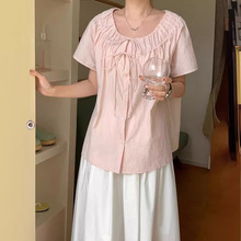 设计感绑带褶皱衬衫女夏季2024韩版新款宽松百搭小衫粉色休闲上衣