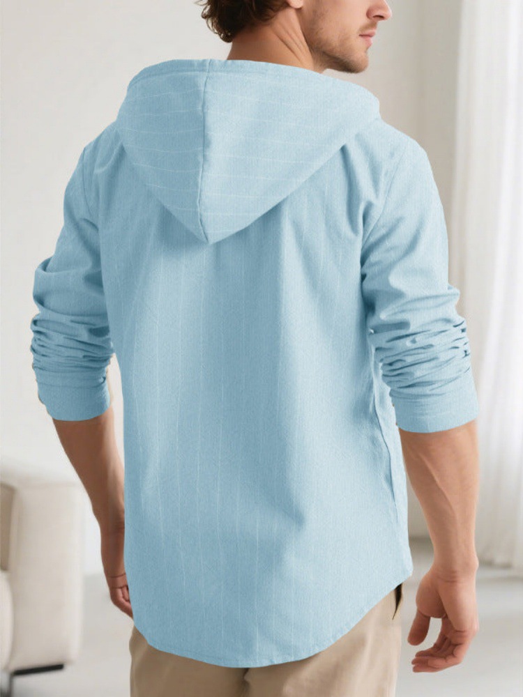 Men's Casual Striped Linen Blend Hooded Shirt Long Sleeve Top_voghion.com