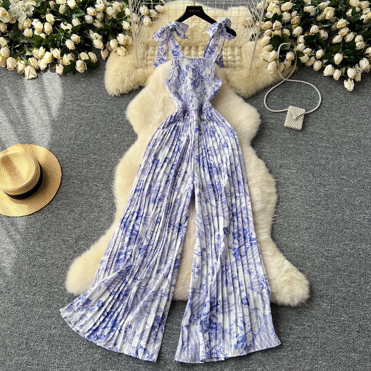 Viajes y vacaciones con mono para mujer, pliegues elásticos de verano, cintura, tirantes florales, pantalones largos de pierna ancha, pantalones de playa