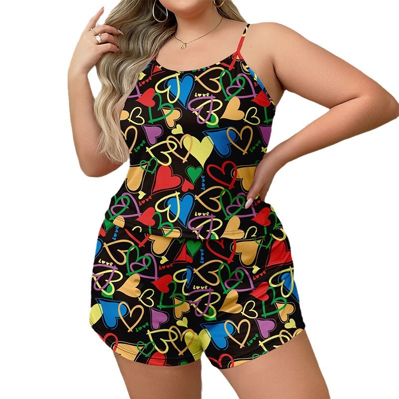 plus Size Women's Strappy Pajama Set European American Style Casual Loose Comfortable Shorts Sleepwear_voghion.com
