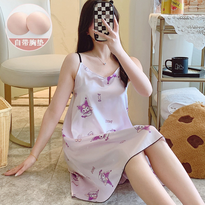 Una variedad de pijamas de verano giratorio cojín de pecho de seda simulada vestido de cinturón sexy pijamas de flores y hierbas dibujos animados ropa para el hogar