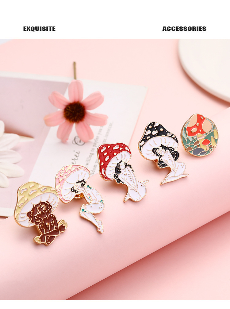 Cross-border New Arrival Oil Drip Brooch Europe And America Creative Personalized Mushroom Girl Brooch Bag Clothing Accessories Wholesale display picture 1