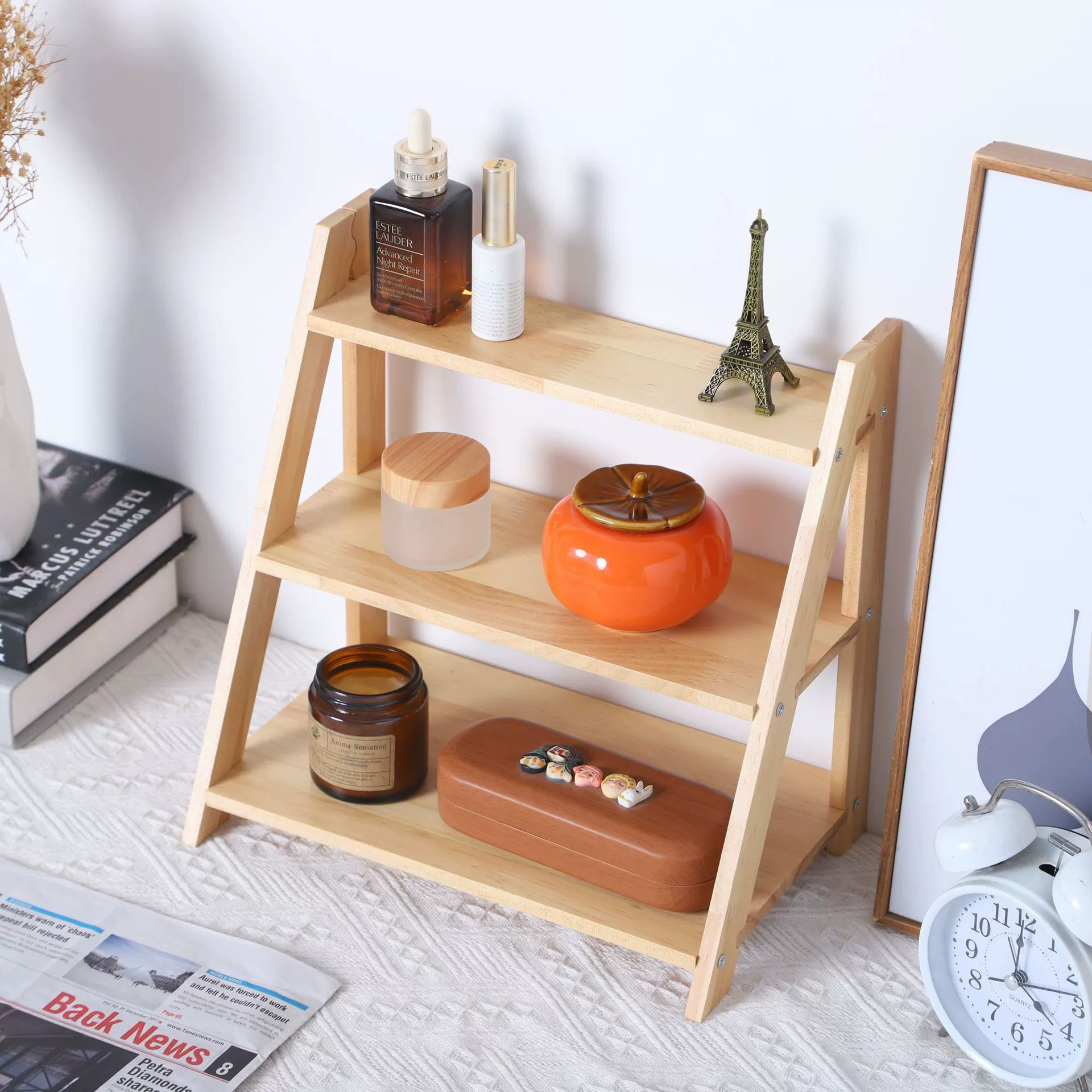 Wooden multi-layer storage rack, trapezoidal stall display rack, decorative storage rack, kitchen multi-functional spice organizer rack