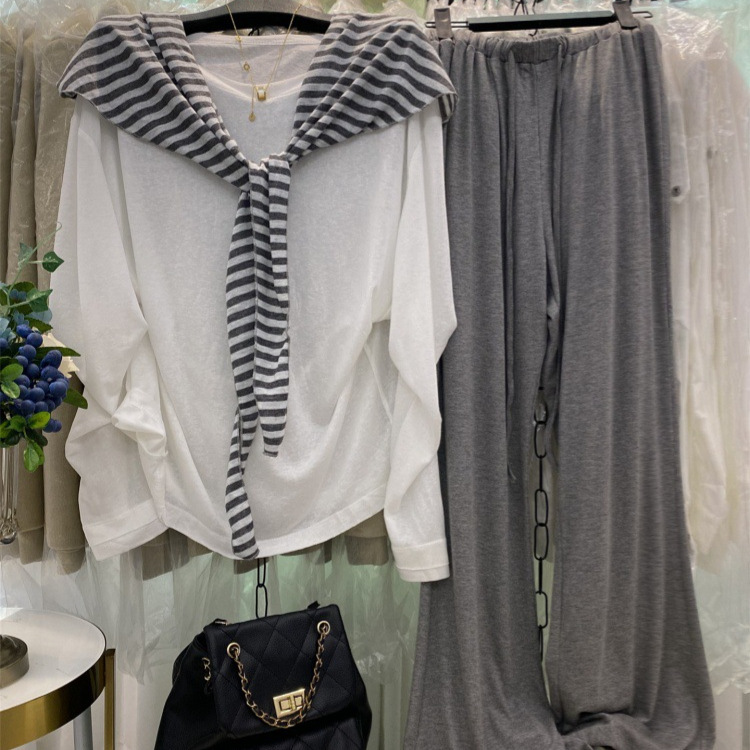 Plus-Size 150kg Set with Slightly Sheer Sun-Protective T-Shirt + Shawl + High-Waisted Drapey Flared Pants Three-Piece Set