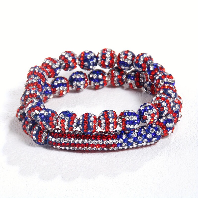 Cross-border US Independence Day 10mm Shiny US Flag Rhinestone Soft Pottery Beaded Elastic Bracelet 2pcs Bracelet Set