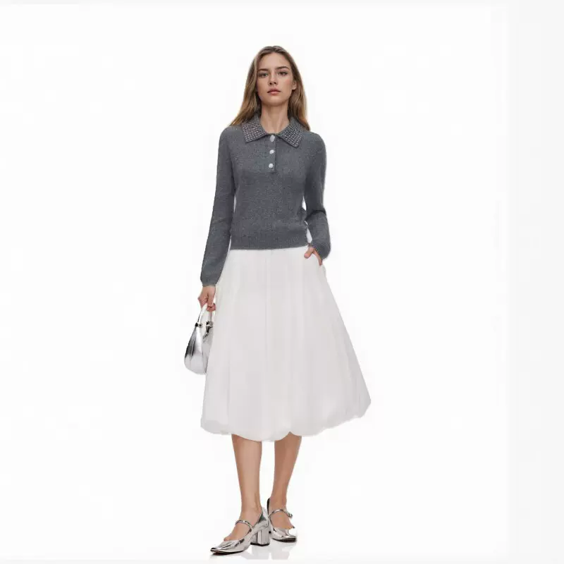 SP千金风秋冬优雅淑女灰色Polo领长袖套头烫钻羊毛针织衫毛衣