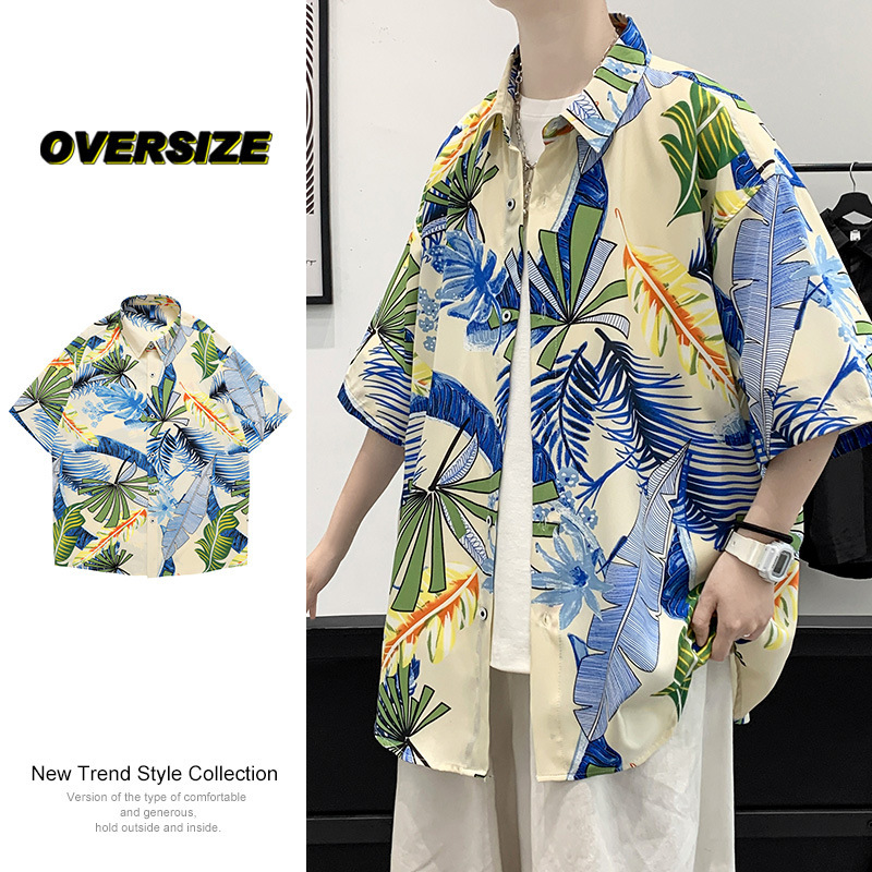 Hong Kong Style Summer Ice Silk Short-sleeved Shirt Men's Hawaiian National Tide Beach Flower Shirt Loose All-match Shirt