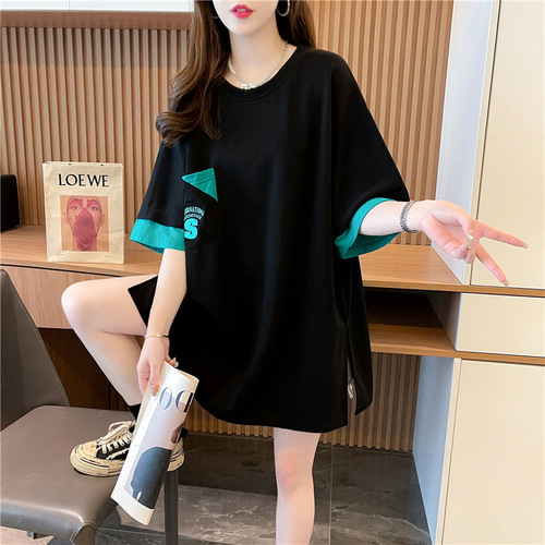2024 summer new loose casual all-matching design color matching round collar T-shirt top