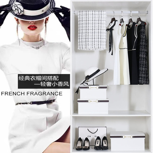 Affordable luxury black-and-white chic-style model room—walk-in closet accessories, clothing, shoes, ornaments, dresses, wardrobe, showroom