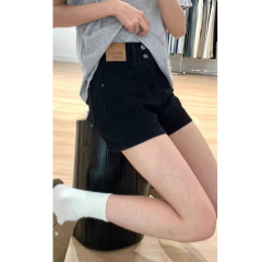 ハイウエストデニムパンツ女性2025年新夏薄痩せa字小背弾力黒広脚ホットパンツ