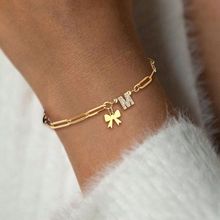 亚马逊跨境26字母镶嵌锆石蝴蝶结吊坠不锈钢回形针手链饰品礼物女