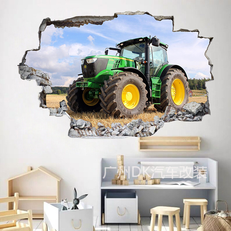 Tractor tridimensional transfronterizo 3d pegatinas de pared dormitorio sala de estar decoración de fondo de pared pared rota pegatinas de PVC autoadhesivos