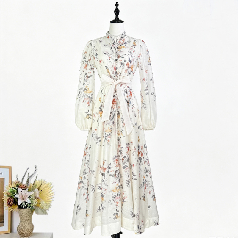 Real Shot of a European and American Style Retro Printed Dress with Stand Collar, Single-Breasted, Heavy Embellishments, Rhinestone Details, Waist-Cinching Tie, Long Skirt, and Large Flared Skirt Real Shot of a European and American Style Retro Printed Dress with Stand Collar, Single-Breasted, Heavy Embellishments, Rhinestone Details, Waist-Cinching Tie, Long Skirt, and Large Flared Skirt