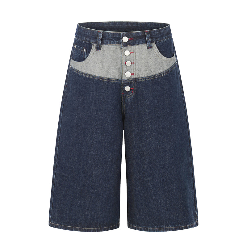 American retro-style denim cropped pants with contrasting color patchwork design, loose fit, slimming, versatile straight wide-leg jeans American retro-style denim cropped pants with contrasting color patchwork design, loose fit, slimming, versatile straight wide-leg jeans