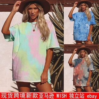 现货亚马逊独立站棉质休闲扎染雪花七彩时尚女装圆领短袖T恤衫