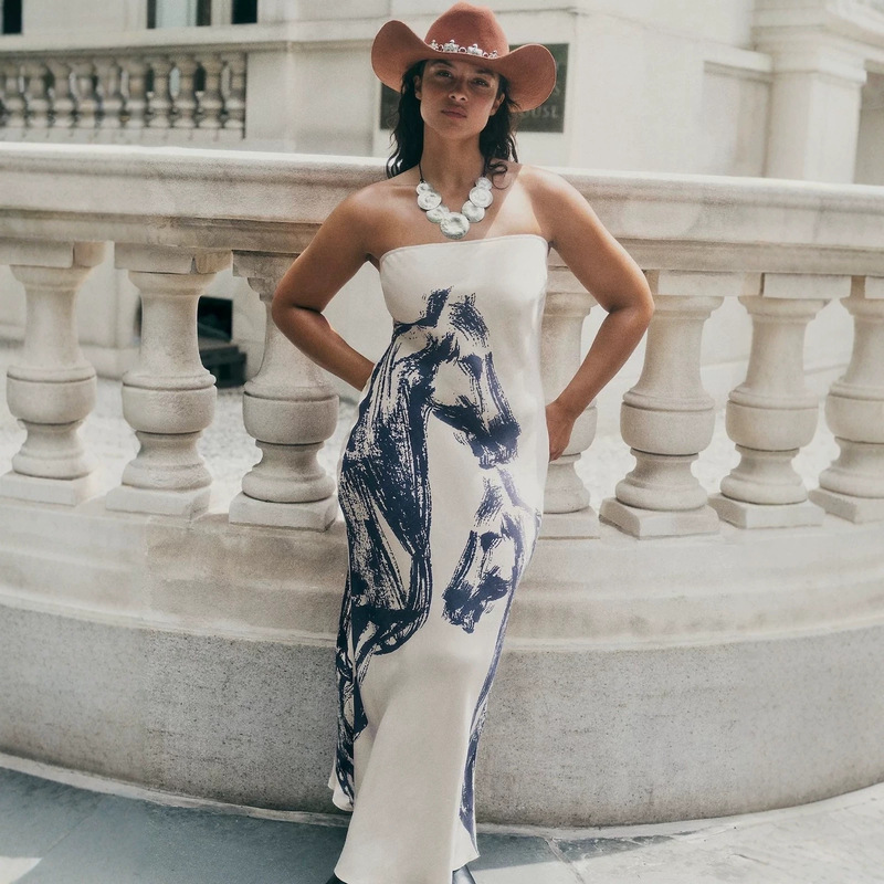 2025 European and American Women's Fashion Independent Site Amazon Digital Print Strapless Sleeveless Zipper Long Dress 2025 European and American Women's Fashion Independent Site Amazon Digital Print Strapless Sleeveless Zipper Long Dress