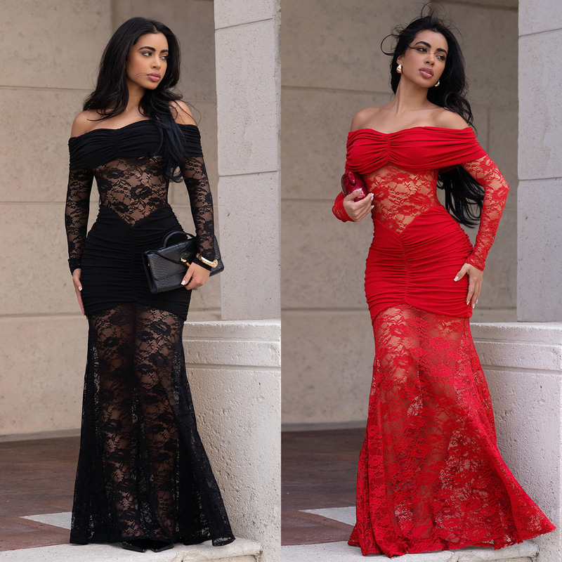 C7620 Cross-Border Aliexpress Amazon European and American Fashion Women's Sexy One-Shoulder Lace Hip Dress