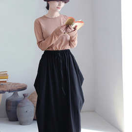 秋冬新款文艺复古黑色宽松针织棉松紧腰立体结构半身裙长裙女