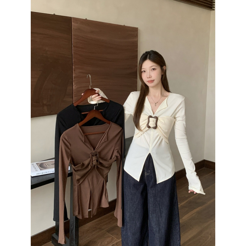 大码女装美式辣妹复古设计感V领针织衫女开衩修身喇叭袖|undefined