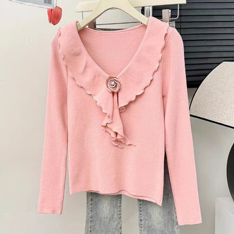 French Style Three-Dimensional Flower Collar Long-Sleeved Sweater Women's Autumn 2024 New Ruffled Slim-Fit Slimming Base Top