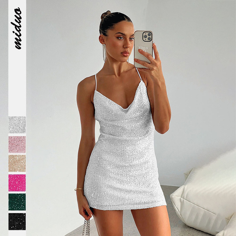 Cross-Border New Sexy Hot Girl Sequin Hip Skirt Autumn European and American Clothing Backless Suspender Skirt Sequin Dress