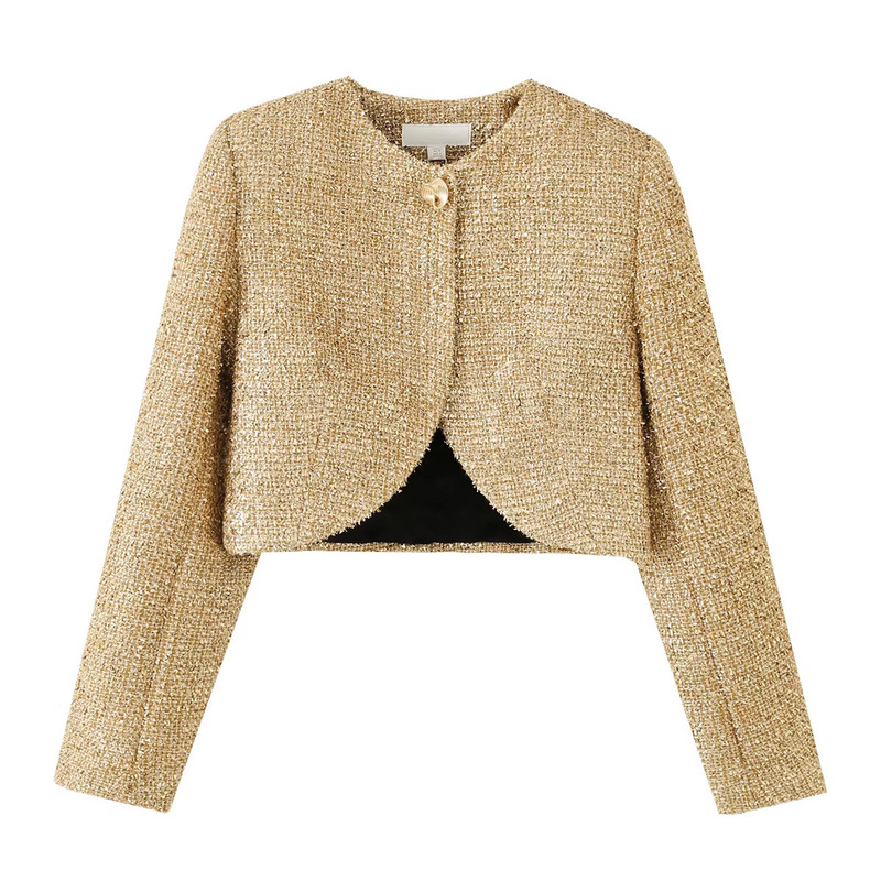 Z Brand Foreign Trade Cross-Border Ready-Stock Women's Clothing 2026 Spring Season Short Jacket with Shoulder Pads and Metallic Thread Design Z Brand Foreign Trade Cross-Border Ready-Stock Women's Clothing 2026 Spring Season Short Jacket with Shoulder Pads and Metallic Thread Design