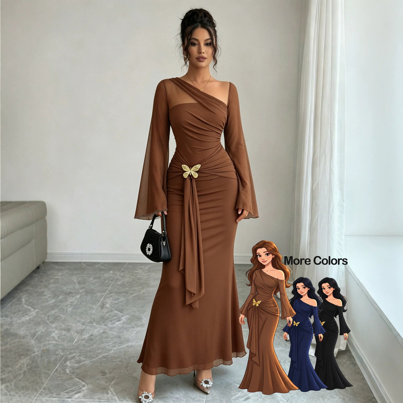 New European and American Style Asymmetrical Shoulder Flared Sleeve Solid Color Bowknot Metal Buckle Fishtail Dress