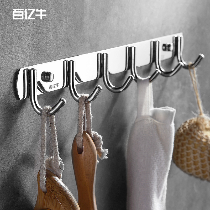 No-Drill 304 Stainless Steel Hook Row Coat Hook Bathroom Kitchen Clothes Hook Wall Hanging Accessories Manufacturer Wholesale