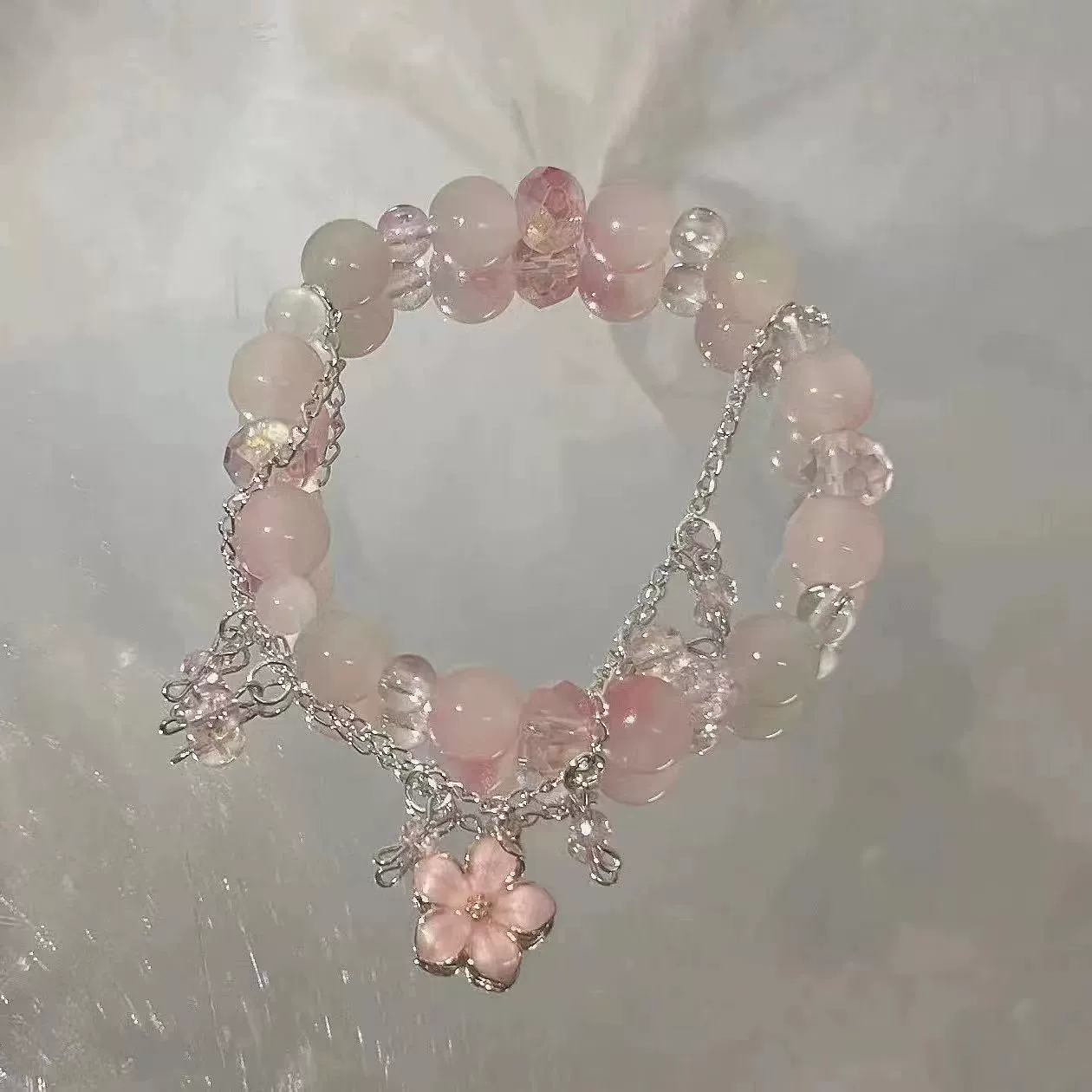 Браслет с бусинами, стиль peach blossom, модный маленький дизайн, 8 см, розовый акцент